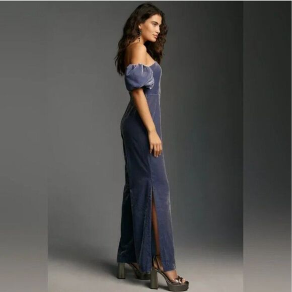 BY ANTHROPOLOGIE (NWT) The Femme Velvet Jumpsuit, Dusty Blue, Size 12 - Picture 2 of 15